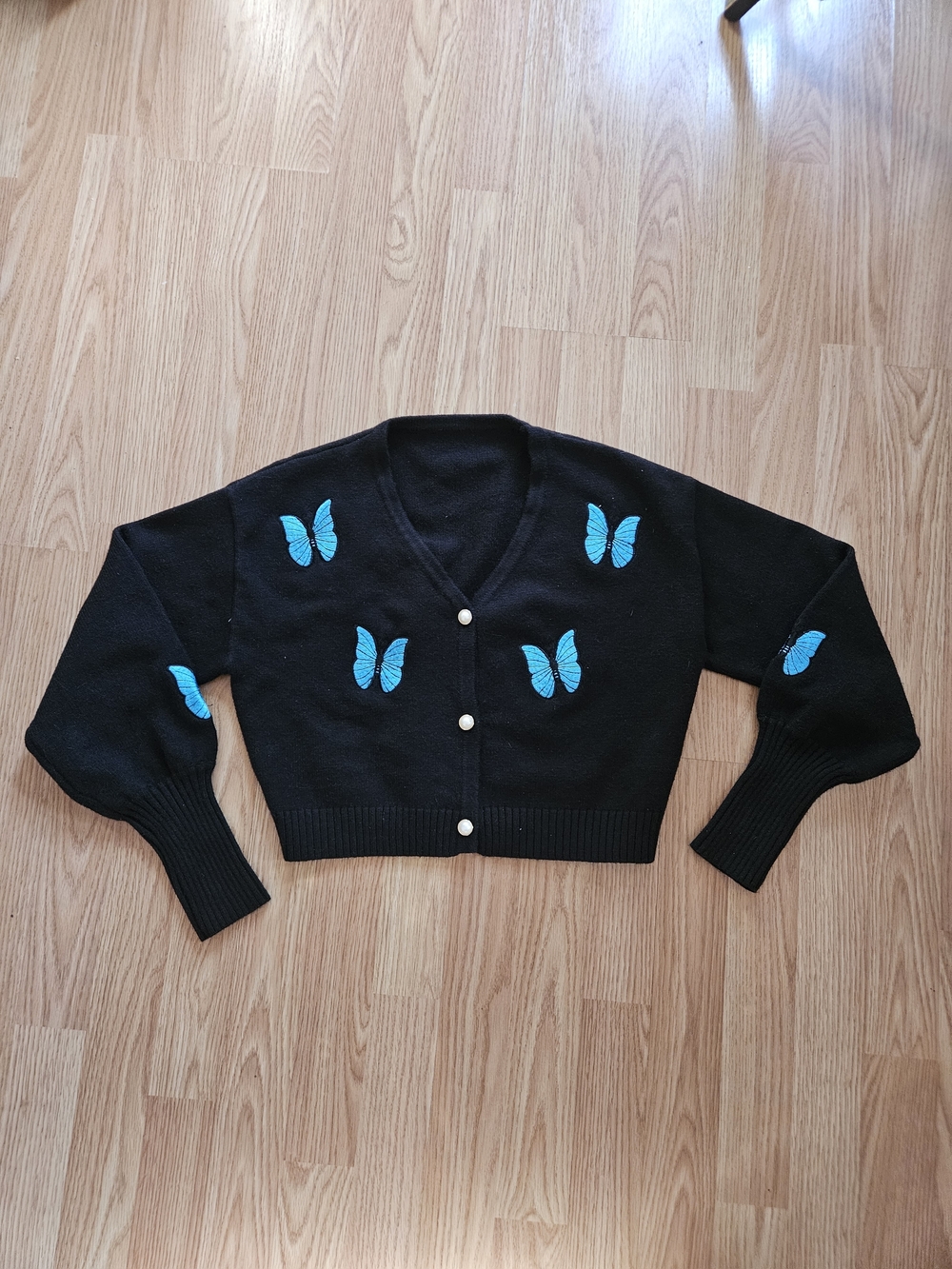 Black V-Neck Cropped Cardigan with Blue Butterfly Embroidery